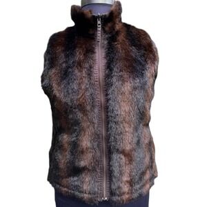 Old Navy Brown Faux Fur Trim Vest‎ Sleeveless Utility Pockets Zip Up Reversable